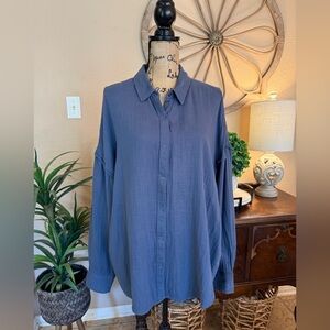 SO Snap Front Oversized Gauze Cotton Blue Shirt with Raw Hem Details